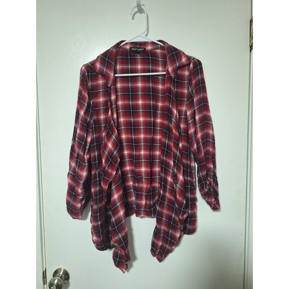 About A Girl Red Black Plaid Open Front Waterfall Cardigan Size XL Rayon